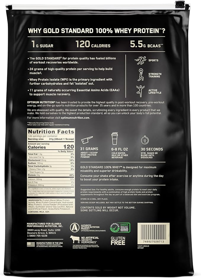 Optimum Nutrition Gold Standard 100% Whey Protein Powder, Double Rich Chocolate 10 Pound (Packaging May Vary)