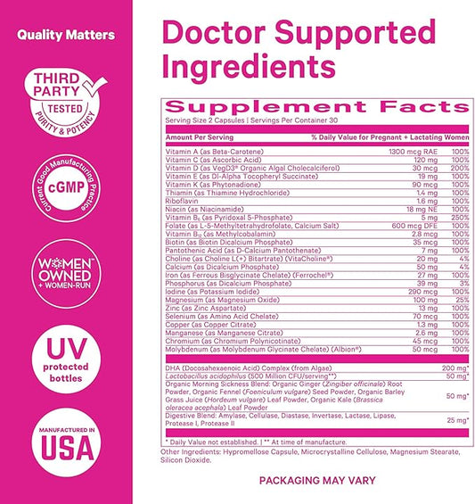 Pink Stork Premium Prenatal Vitamin for Women - Multivitamin & Probiotics - Morning Sickness, Digestion, & Energy - Folate, B6, & Iron - 60 Capsules - 2 Pack
