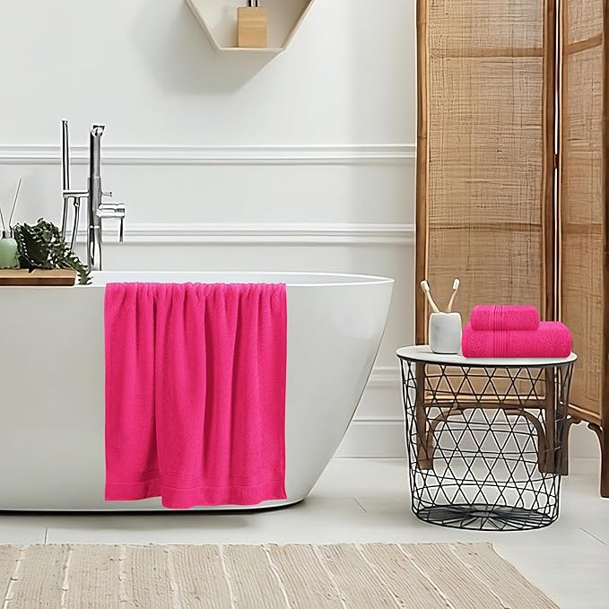 Belizzi Home Ultra Soft 3 Pack Cotton Towel Set, Contains a Bath Towel 28x55 inch, a Hand Towel 16x24 inch & a Wash Coth 12x12 inch, Ideal Everyday use, Compact & Lightweight - Hot Pink
