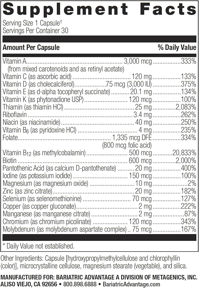 Bariatric Advantage Ultra Solo Without Iron - Once-Per-Day Daily Multivitamin - for Bariatric Patients - with Thiamin, Vitamin A & More - Gluten Free - 30 Capsules