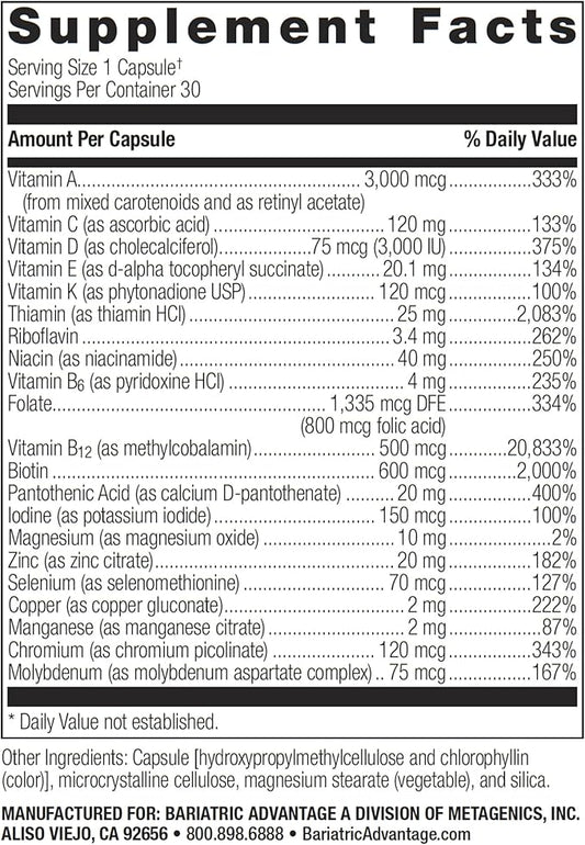 Bariatric Advantage Ultra Solo Without Iron - Once-Per-Day Daily Multivitamin - for Bariatric Patients - with Thiamin, Vitamin A & More - Gluten Free - 30 Capsules