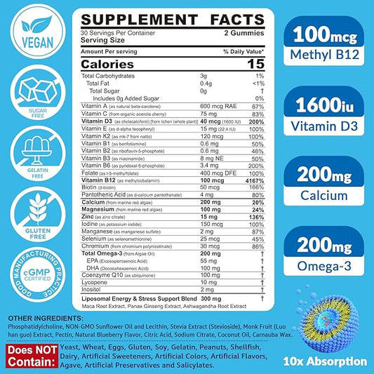 Mens Multivitamins Gummies, Vegan Omega 3, CoQ10, Zinc, Vitamin A C D3 K2 E B Complex, Calcium, Magnesium, Lycopene - Liposomal Methylated Vitamins - Energy, Immune, Bone, Brain, Sugar Free, 60 Count