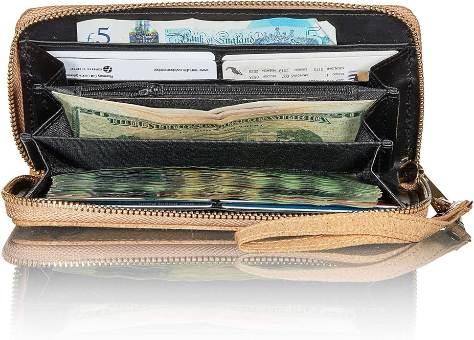Buddha Cork Vegan Wristlet Wallet - credit card, business cards, coins & bills Room for Cellphone