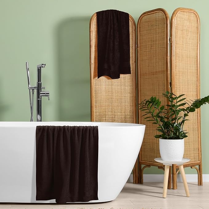 BELZZI Home Ultra Soft 4 Pack Oversized Bath Towel Set 27x54, Cotton Compact Bath Towels, Highly Absorbant Eco-Friendly Quickdry & Lightweight Towel, Ideal for Gym Travel Camp Pool - Chocolate Brown