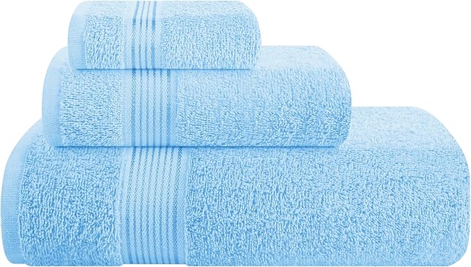 Belizzi Home Ultra Soft 3 Pack Cotton Towel Set, Contains a Bath Towel 28x55 inch, a Hand Towel 16x24 inch & a Wash Coth 12x12 inch, Ideal Everyday use, Compact & Lightweight - Sky Blue