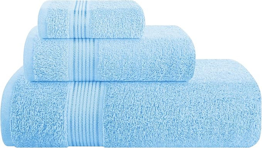 Belizzi Home Ultra Soft 3 Pack Cotton Towel Set, Contains a Bath Towel 28x55 inch, a Hand Towel 16x24 inch & a Wash Coth 12x12 inch, Ideal Everyday use, Compact & Lightweight - Sky Blue