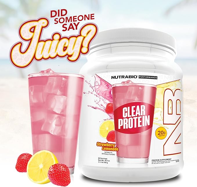 NutraBio Clear Protein Powder, Strawberry Lemonade - 20 Servings, 20g Clear Whey Protein Isolate, 0 Sugar, 0g Lactose, Refreshing Fruit Flavors, GLP1 Support -Bone Health -Muscle Post Workout Recovery
