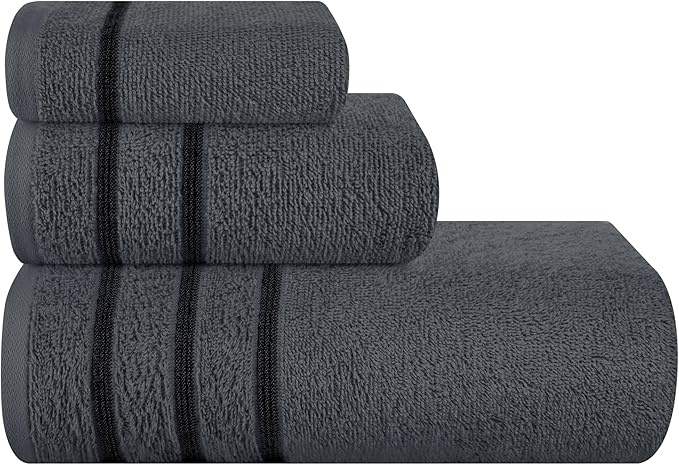 MyOwn Ultra Soft 3 Pack Cotton Towel Set, Contains a Bath Towel 28x55 inch, a Hand Towel 16x24 inch & Wash Coth 12x12 inch, Ideal Everyday use, Compact & Lightweight - Charcoal Grey, 71683