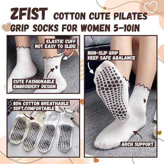 ZFiSt Pilates Socks with Grips for Women,4Pairs Ruffle Yoga Sock Cute Cotton Grippy Socks for Barre Workout Non Slip 5-10in