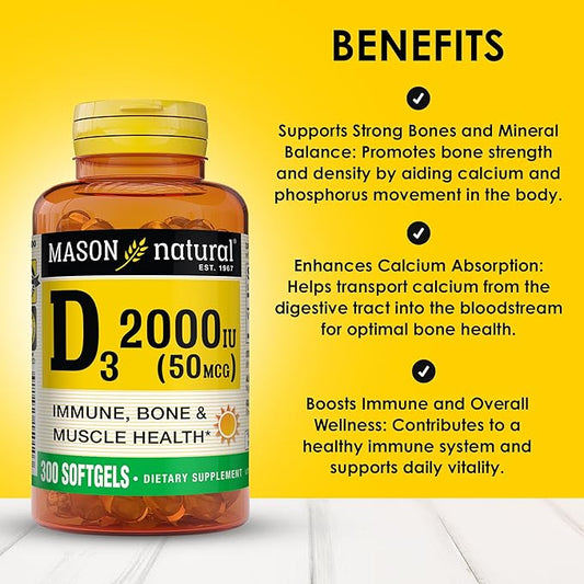 MASON NATURAL Vitamin D3 2,000 IU Ultra Strength, Supports Bone Density, Strength & Immune Health, 300 Softgels