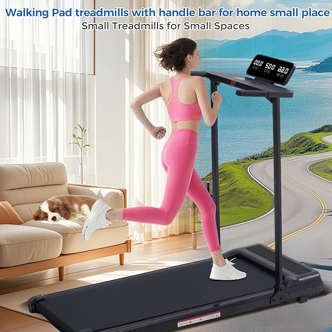 Walking Pad Treadmill with Handle Bar, Compact Portable Treadmills for Home Small, Electric Walking Pads with Handles, 3.5HP Quiet and LED Display, 400 LBS Capacity