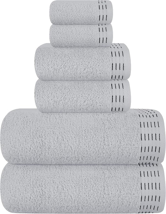 Ultra Soft 6 Pack Cotton Towel Set, Contains 2 Bath Towels 28x55 inch, 2 Hand Towels 16x24 inch & 2 Wash Coths 12x12 inch, Ideal Everyday use, Compact & Lightweight - Light Grey