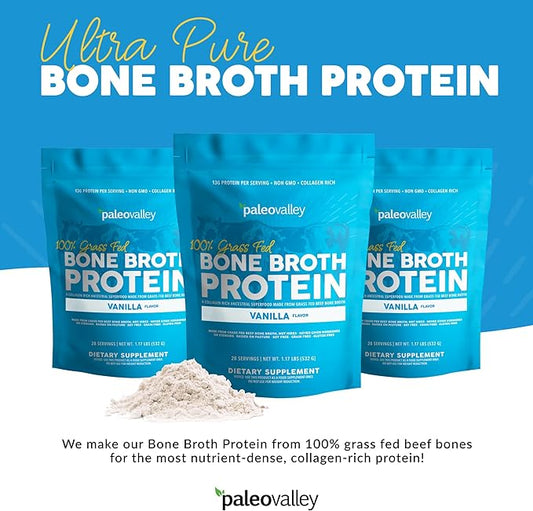 Paleovalley 100% Grass Fed Beef Bone Broth Protein Powder - Rich in Collagen Peptides for Hair, Skin, Gut Health, Bone and Joint Support - 15g Protein Per Serving - No Gluten or GMOs - Vanilla