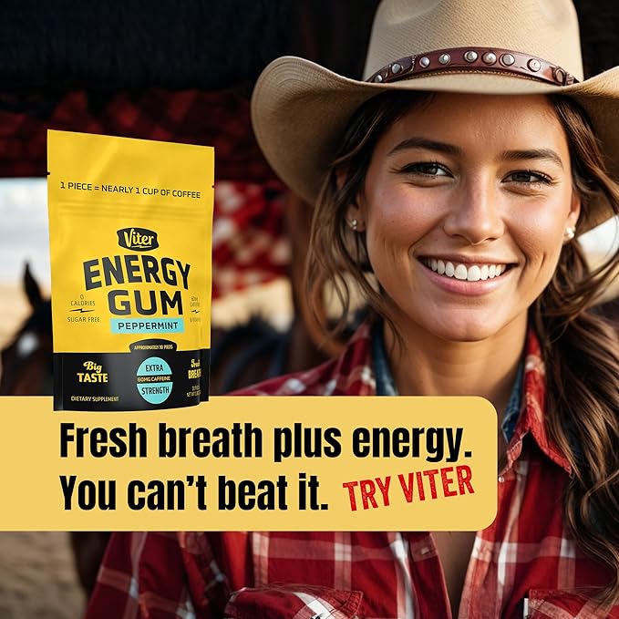 Viter Energy 60mg Caffeine Gum (Peppermint Flavor, 30 Pieces) - Sugar Free, Vitamin B3, B6, B9, B12, Zero Calories, Caffeinated Energy Chews, Nootropic Focus Supplement for Men & Women