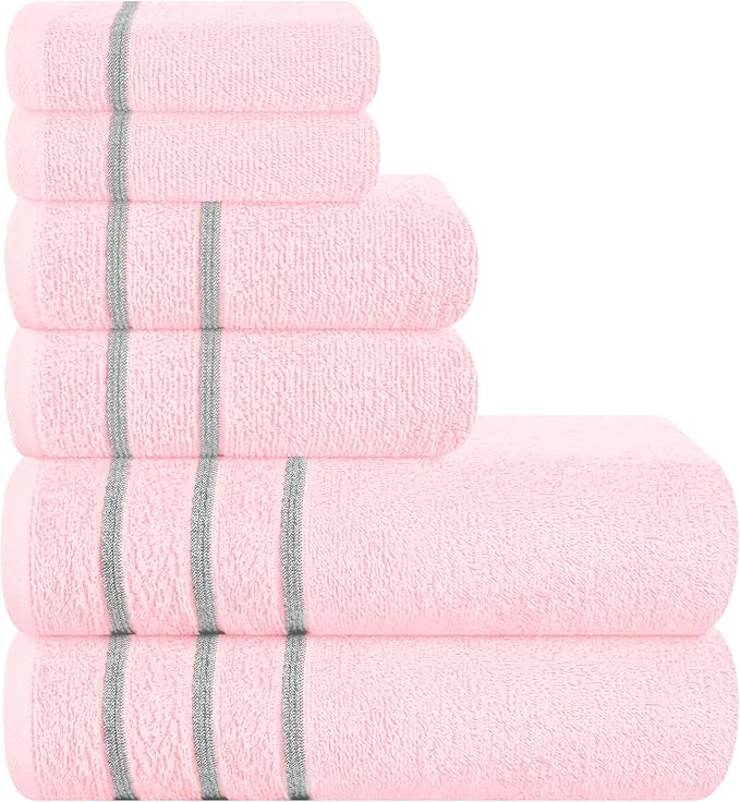 MyOwn Ultra Soft 6 Pack Cotton Towel Set, Contains 2 Bath Towels 28x55 inch, 2 Hand Towels 16x24 inch & 2 Wash Coths 12x12 inch, Ideal Everyday use, Compact & Lightweight - Pink, 71662