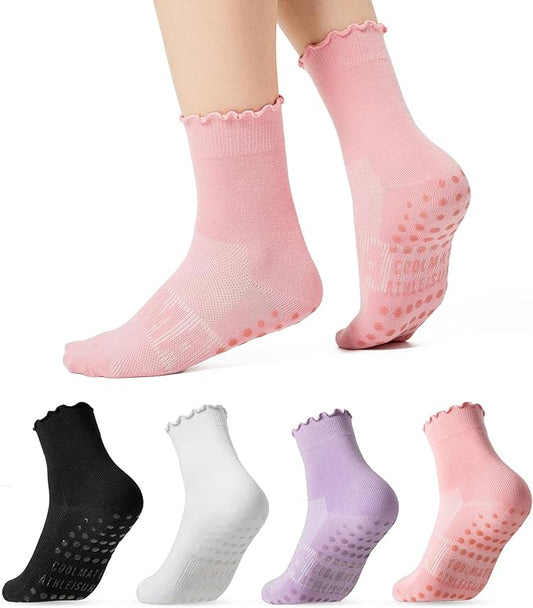 CoolMate 2/3/4 Pairs Pilates Socks with Grips for Women, Cute Yoga Socks, Crew Non Slip Women for Barre, Pilates Gifts