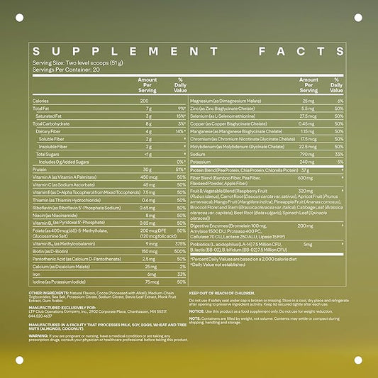 LTH Fuel Vegan & All-in-One - Trusted by Life Time Members - 30g Protein - Plant-Based Protein Meal Replacement - Vitamins, Minerals, Digestive Enzymes & Probiotics - Chocolate, 20 Servings