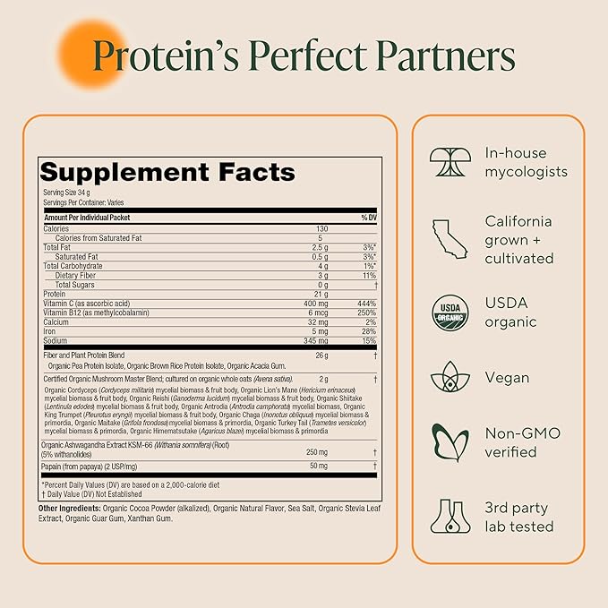 Om Master Blend Vegan Protein Powder, Chocolate, 21g of Plant Protein - Organic Mushroom Supplement with 10 Mushroom Complex, Ashwagandha, BCAAs and Vitamin B12-1.2 lb. (16 Servings)