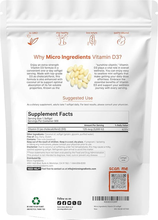 Micro Ingredients Vitamin D3 5,000 IU, 500 Softgels | Virgin Coconut Oil | Cholecalciferol Form | Bone, Immune & Heart Support | Easy to Swallow, Non-GMO