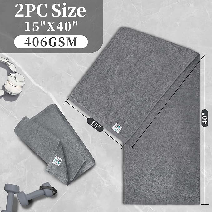 Sweat Towel for Men & Women, Sports Hand Towel for Yoga, Shower, Tennis, Running, Exercise & Fitness, Workout Towels for Gym (2PC, 15"x40") - 100% Cotton, Breathable, Soft & Absorb, Dark Gray