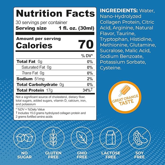 ProT Gold Liquid Collagen Protein Shot, 17g Clear Protein Nano-Hydrolyzed Grass Fed Collagen, 2g Arginine for Wound Support, Gluten Free, Sugar Free, 0g Carbs, Non GMO, Orange Creme, 30 fl oz Bottle