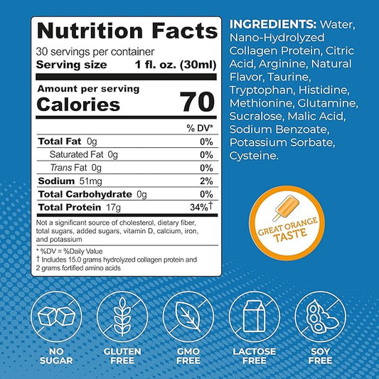 ProT Gold Liquid Collagen Protein Shot, 17g Clear Protein Nano-Hydrolyzed Grass Fed Collagen, 2g Arginine for Wound Support, Gluten Free, Sugar Free, 0g Carbs, Non GMO, Orange Creme, 30 fl oz Bottle