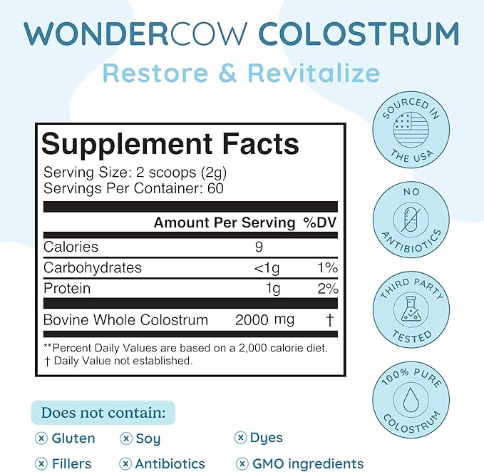 WONDERCOW Colostrum Supplement Powder for Gut Health, Immune Support, Muscle Recovery & Wellness | Natural IgG Pure Whole Bovine Colostrum Superfood, Unflavored, 60 Servings