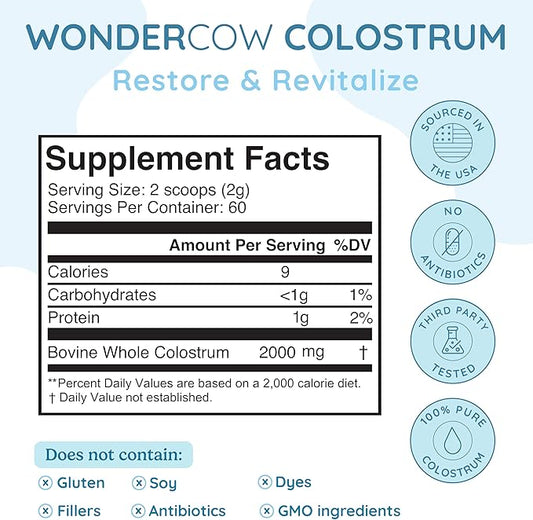 WONDERCOW Colostrum Supplement Powder for Gut Health, Immune Support, Muscle Recovery & Wellness | Natural IgG Pure Whole Bovine Colostrum Superfood, Unflavored, 60 Servings
