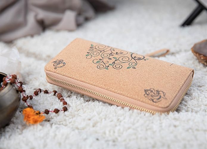 Buddha Cork Vegan Wristlet Wallet - credit card, business cards, coins & bills Room for Cellphone