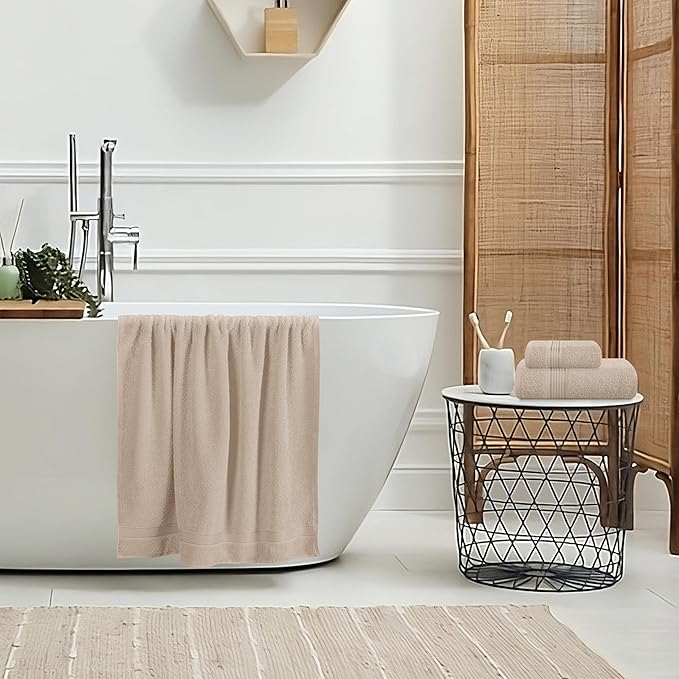 Belizzi Home Ultra Soft 3 Pack Cotton Towel Set, Contains a Bath Towel 28x55 inch, a Hand Towel 16x24 inch & a Wash Coth 12x12 inch, Ideal Everyday use, Compact & Lightweight - Tan