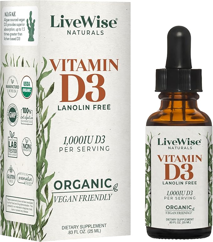 LiveWise Naturals Organic Vitamin D3 Liquid Drops, Vegan, Non-GMO, Plant-Based, 200 IU per Drop, Supports Immune, Bone, and Mood Health, Easy-to-Absorb, in MCT Oil 1,000 IU