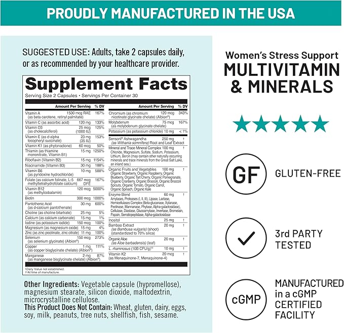 NatureWise Multivitamin for Women + Stress Support with Organic Whole Foods & Natural Minerals - B-Complex + Vitamin C + D3 K2 for Immunity, Hair, Skin & Nails - Non-GMO - 60 Capsules[30-Day Supply]