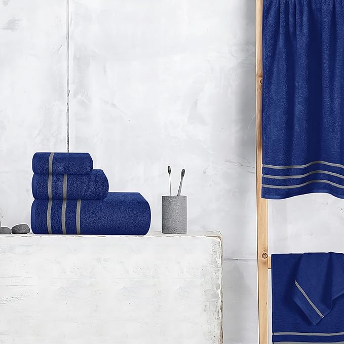 MyOwn Ultra Soft 6 Pack Cotton Towel Set, Contains 2 Bath Towels 28x55 inch, 2 Hand Towels 16x24 inch & 2 Wash Coths 12x12 inch, Ideal Everyday use, Compact & Lightweight - Navy Blue, 71661
