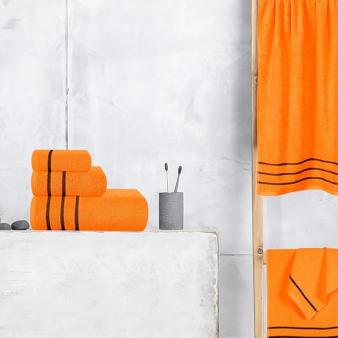MyOwn Ultra Soft 6 Pack Cotton Towel Set, Contains 2 Bath Towels 28x55 inch, 2 Hand Towels 16x24 inch & 2 Wash Coths 12x12 inch, Ideal Everyday use, Compact & Lightweight - Orange, 71653