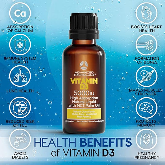 Advanced Trichology Vegetarian Liquid Vitamin D3-5000 iu High Absorption - 1000 iu per Drop - 6 Month Supply - Gluten Free 365 VIT D - 1 Fluid Ounce (Pack of 1)
