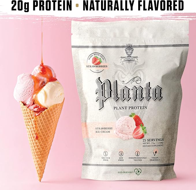 Ambrosia Planta - Premium Plant-Based Protein | Vegan & Keto Friendly | Gourmet Flavors | No Bloating or Stomach Upset | Gluten & Soy Free | No Added Sugar | 25 Servings | Strawberry Ice Cream