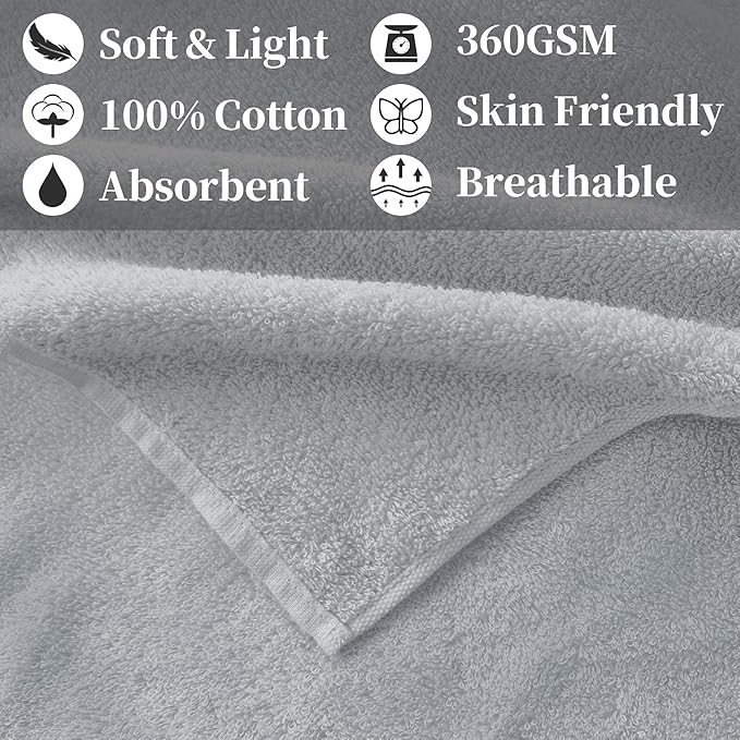 Workout Towels for Gym (2PC, 15"x40") - Sweat Towel for Men & Women, Sports Hand Towel for Yoga, Shower, Tennis, Running, Exercise & Fitness - 100% Cotton, Breathable, Soft & Absorb, Light Gray