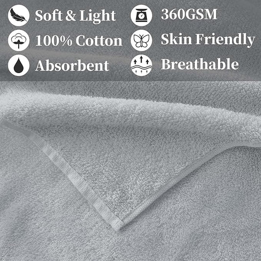 Workout Towels for Gym (2PC, 15"x40") - Sweat Towel for Men & Women, Sports Hand Towel for Yoga, Shower, Tennis, Running, Exercise & Fitness - 100% Cotton, Breathable, Soft & Absorb, Light Gray