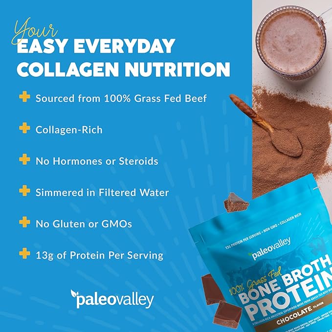 Paleovalley 100% Grass Fed Beef Bone Broth Protein Powder - Rich in Collagen Peptides for Hair, Skin, Gut Health, Bone and Joint Support - 15g Protein Per Serving - No Gluten or GMOs - Chocolate
