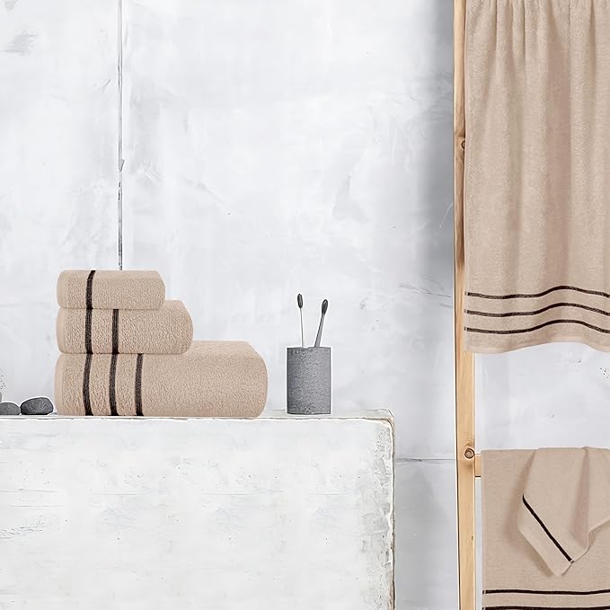 MyOwn Ultra Soft 6 Pack Cotton Towel Set, Contains 2 Bath Towels 28x55 inch, 2 Hand Towels 16x24 inch & 2 Wash Coths 12x12 inch, Ideal Everyday use, Compact & Lightweight - Tan, 71655