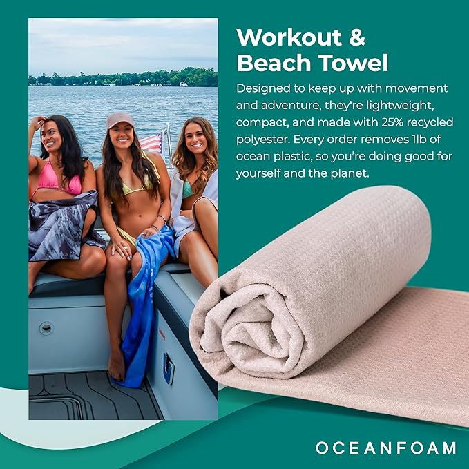 Oceanfoam Beach Towel – Lightweight, Absorbent, Quick-Drying, Sand-Resistant, Non-Slip – Ideal for Workouts, Yoga, Pilates, Beach, Pool, Boat & Travel – 25% Recycled – 72"x24" (Natural)