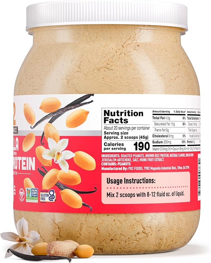 PB2 Performance Peanut Plant Based Vegan Protein Powder | 20g Complete Protein, No Added Sugar, Prebiotic Fiber | Dairy Free, Certified Vegan, Non-GMO, Gluten Free [Peanut w/Madagascar Vanilla, 2LB]