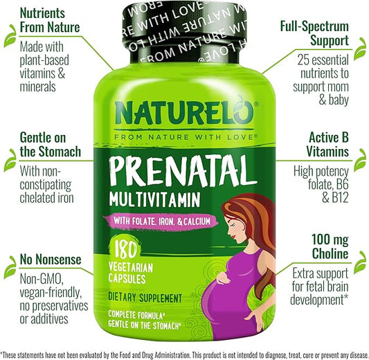 NATURELO Prenatal Multivitamin with Gentle Chelated Iron, Methyl Folate, Plant Calcium & Choline - Vegan, Vegetarian - Non-GMO - Gluten Free - 180 Capsules - 4 Month Supply (Pack of 2)