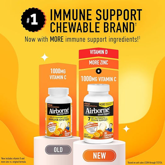 Airborne Vitamin C 1000mg (per Serving) - Citrus Chewable Tablets (96 Count in a Box) - Packaging May Vary