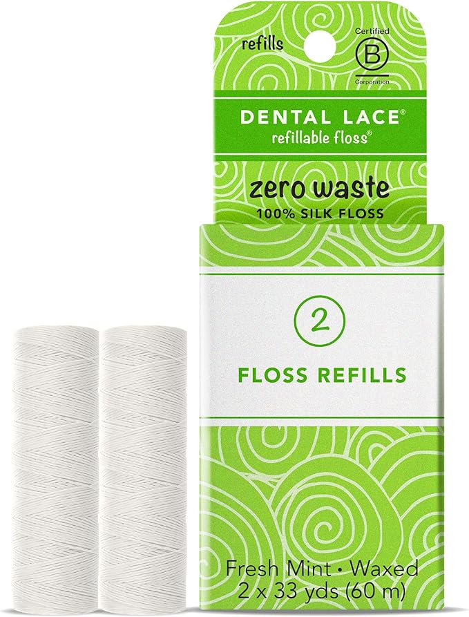 Refills - Dental Lace Refillable Silk Dental Floss – 100% Silk Floss with Mint Flavor, PFAS & PTFE Free – 2 Refill Spools (Total 66 Yards) – Recyclable Packaging