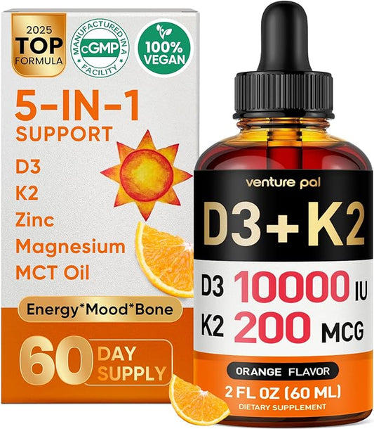 Venture Pal 5-in-1 Vitamin D3 10000 IU & K2 as MK-7 200mcg with Magnesium, MCT Oil, Zinc, Sugar-Free Vitamin D Liquid |Maximum Absorption for Bone, Mood & Immune Health - 2 FL OZ, 60 Days