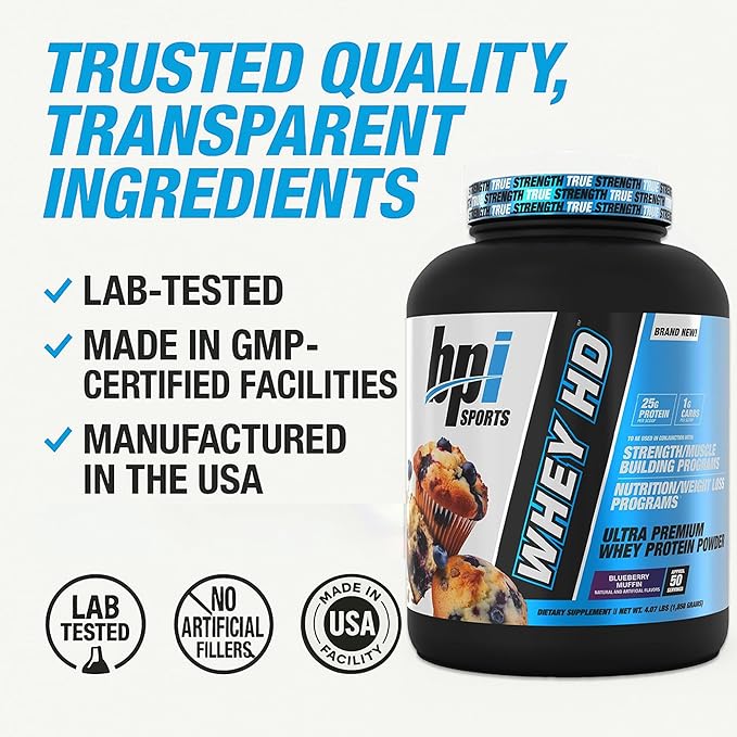 BPI Sports Whey HD Ultra Premium Protein Powder Isolate | Workout Whey Protein Powder for Men & Women for Muscle Gain | Milk Protein Concentrates | Blueberry Muffin, 4.07 Pound