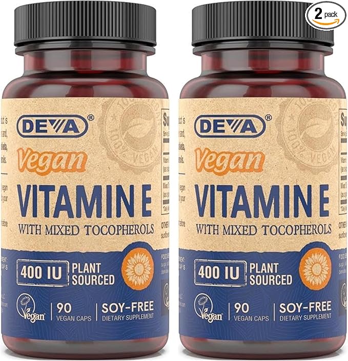 DEVA Vegan Natural Source Vitamin E 400IU with Mixed tocopherols, Soy-Free – 90 Veg Caps (Pack of 2)