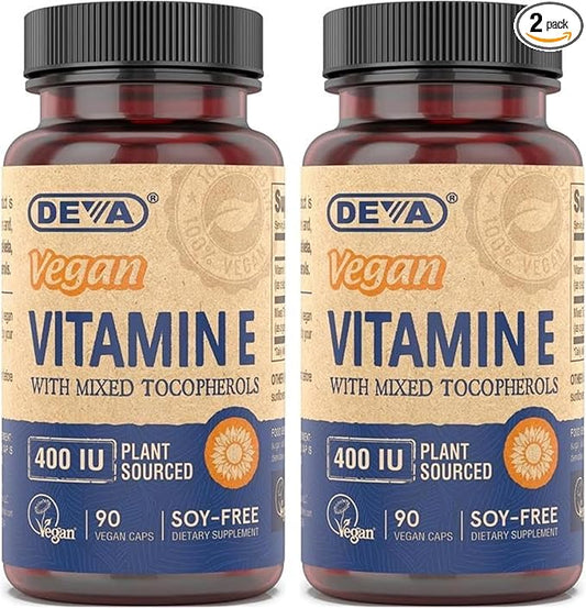 DEVA Vegan Natural Source Vitamin E 400IU with Mixed tocopherols, Soy-Free – 90 Veg Caps (Pack of 2)