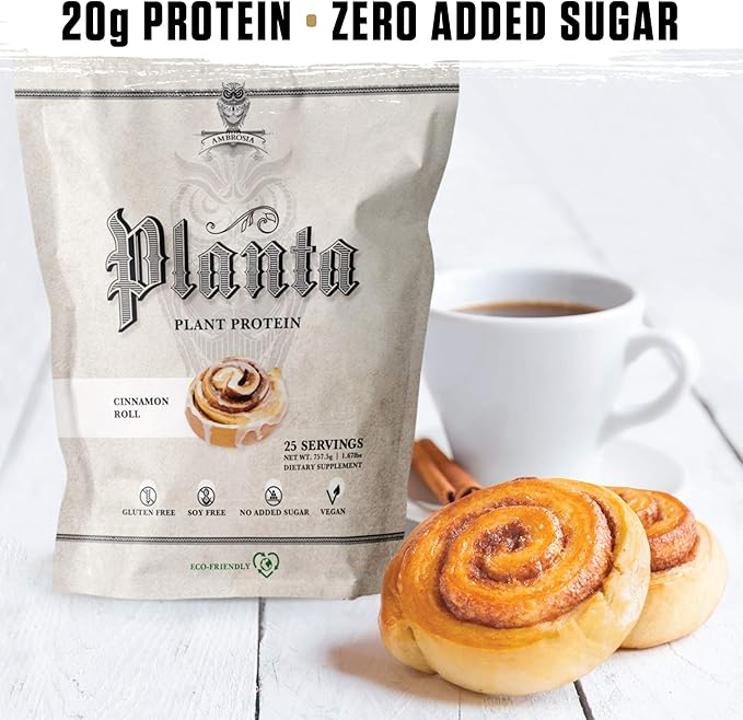 Ambrosia Planta - Premium Plant-Based Protein | Vegan & Keto Friendly | Gourmet Flavors with No Bloating or Stomach Upset | Gluten & Soy Free | No Added Sugar | 25 Servings | Cinnamon Roll